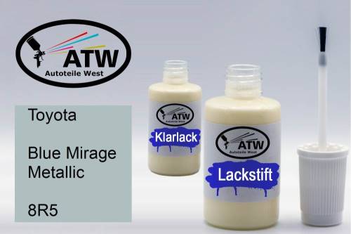 Toyota, Blue Mirage Metallic, 8R5: 20ml Lackstift + 20ml Klarlack - Set, von ATW Autoteile West.